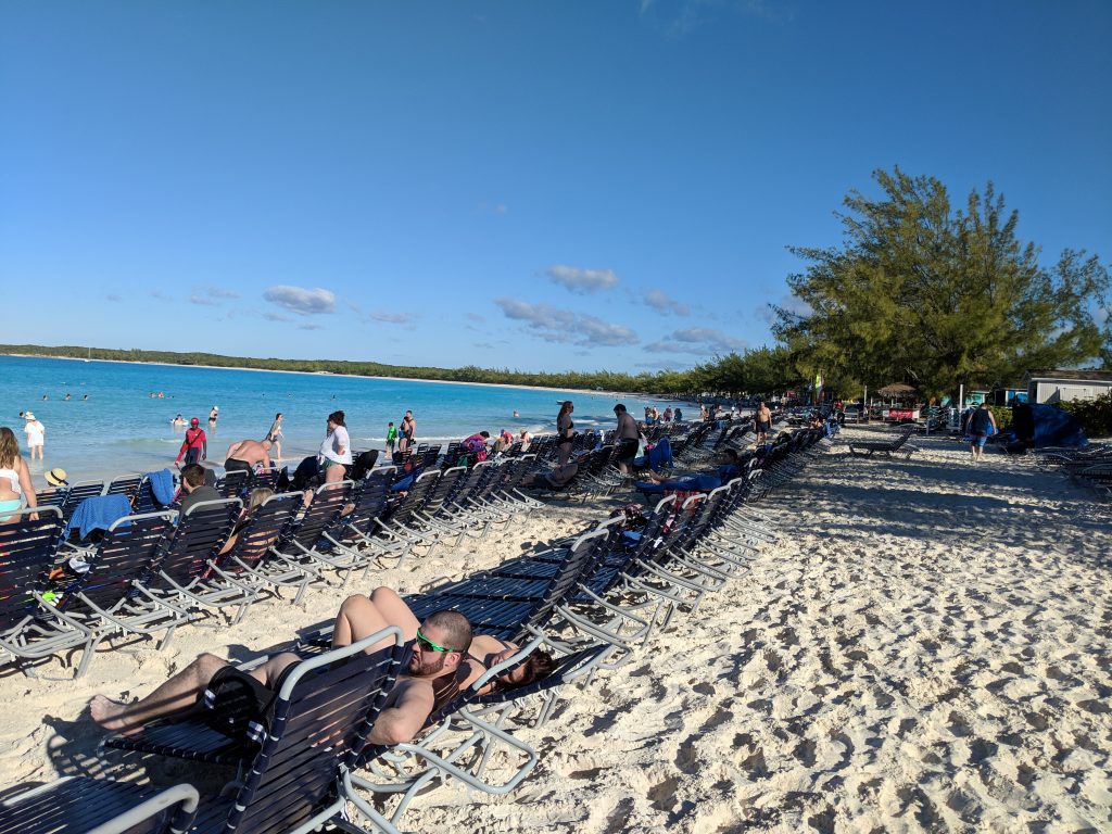 Loungers set up on the beach at Half Moon Cay