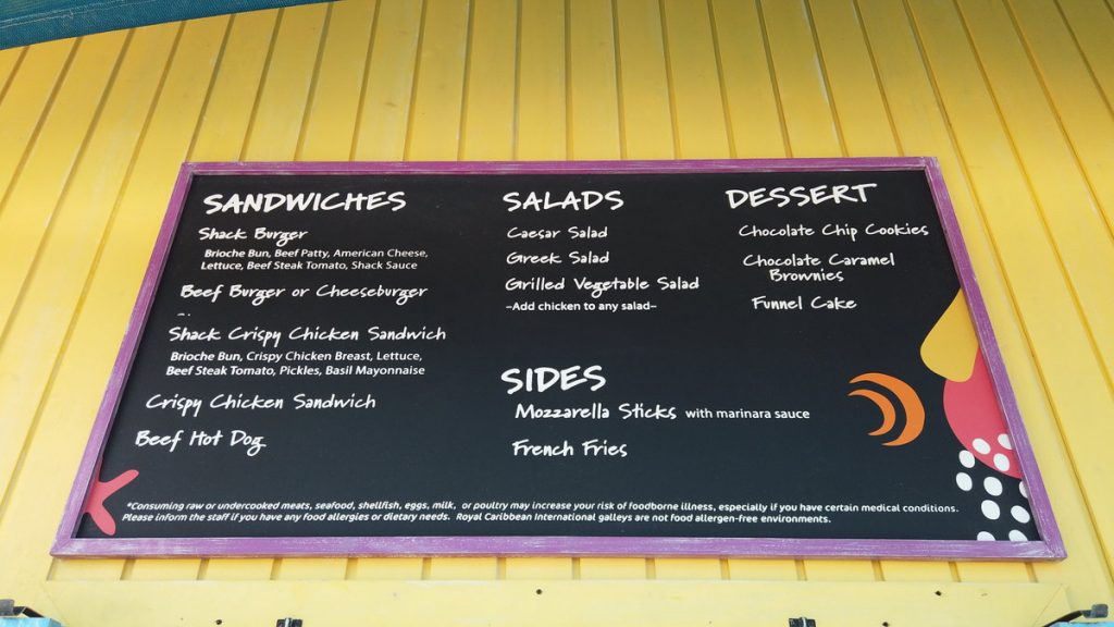 Menu at the Snack Shacks (complimentary)