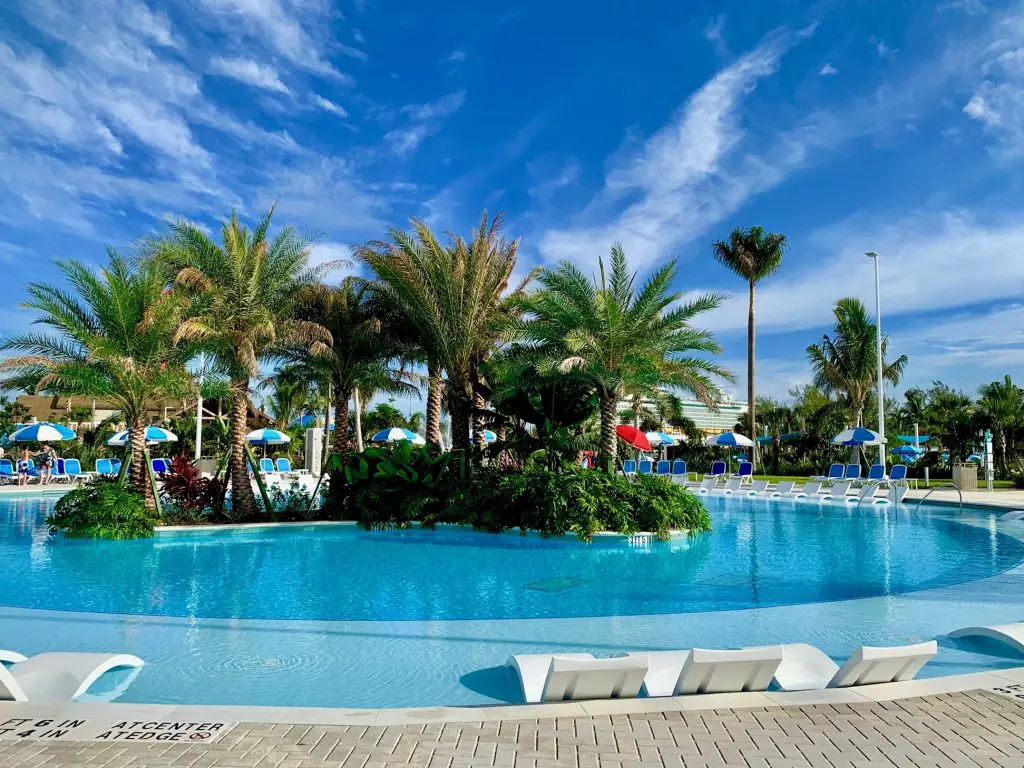 Shallow water and loungers line the borders of the Oasis Lagoon Pool