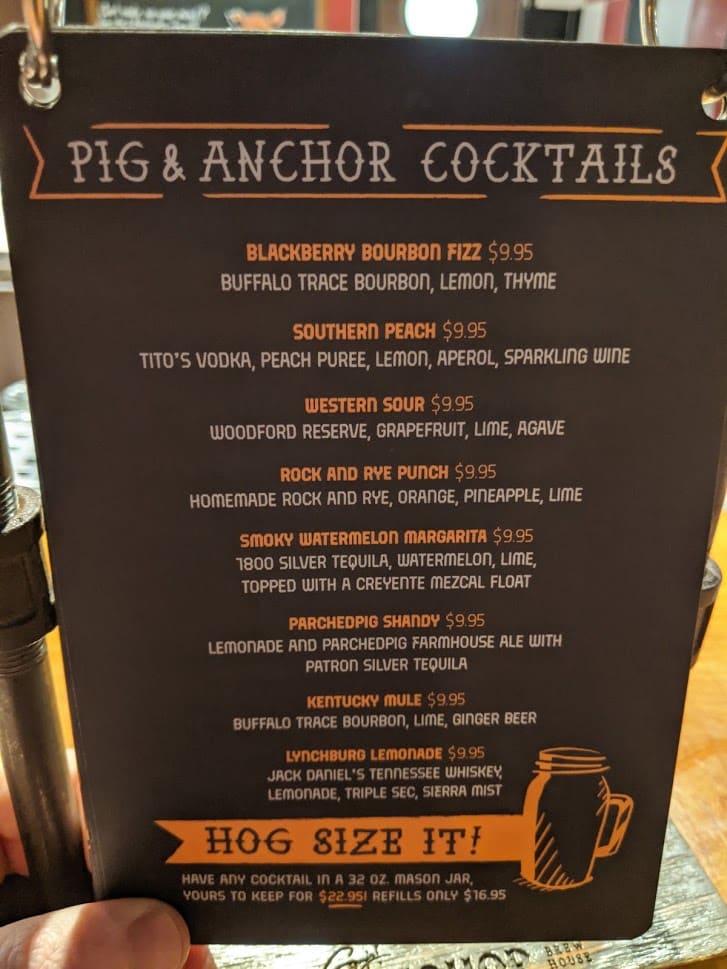 Cocktail Menu at Guy's Pig and Anchor on the Carnival Horizon from March 2020