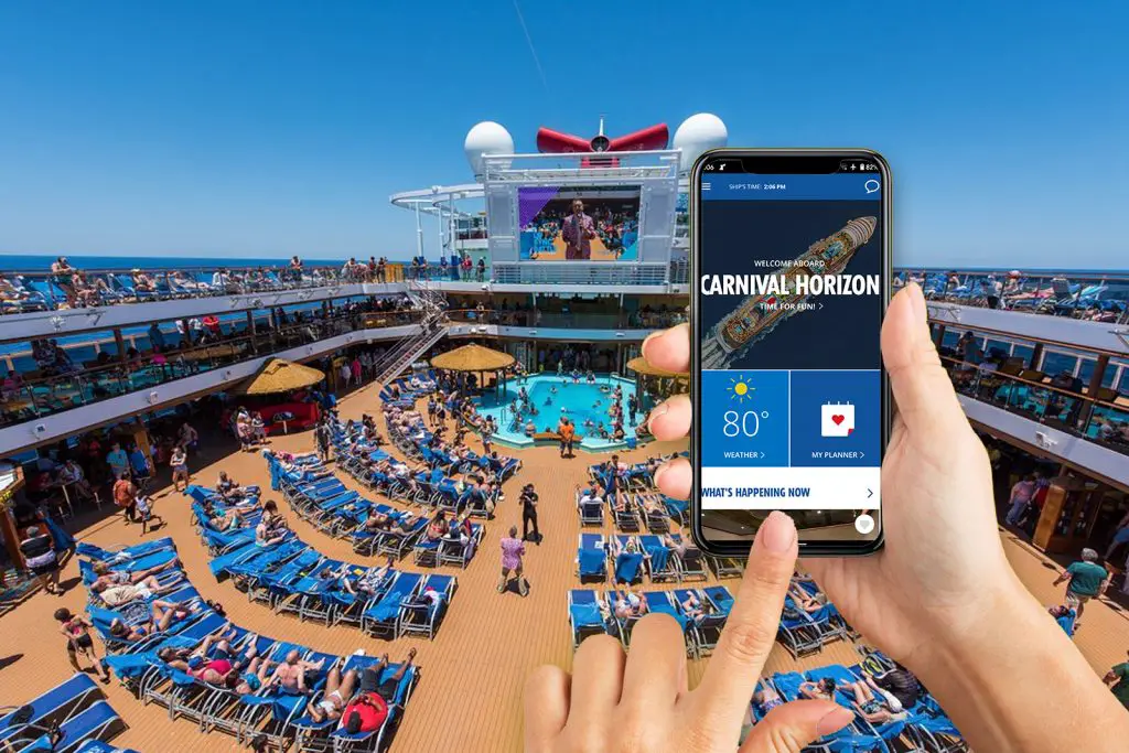 iPhone with Carnival Hub app installed on the Carnival Horizon
