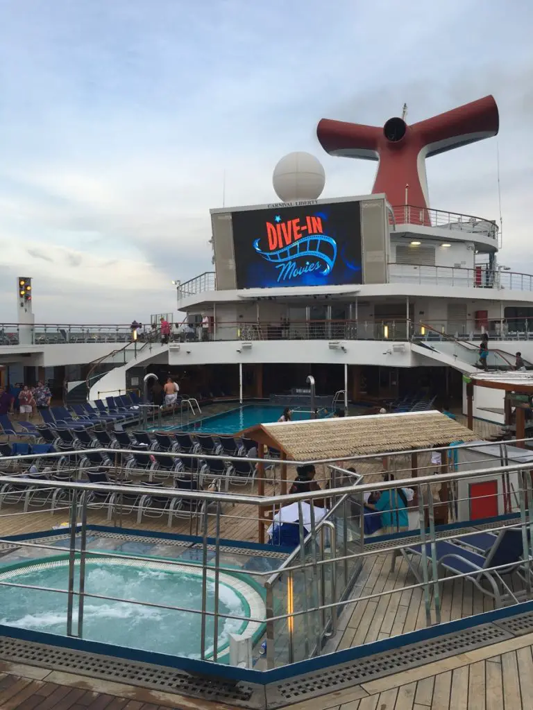 Carnival Liberty cruise deck with LED movie screen at the seaside theater