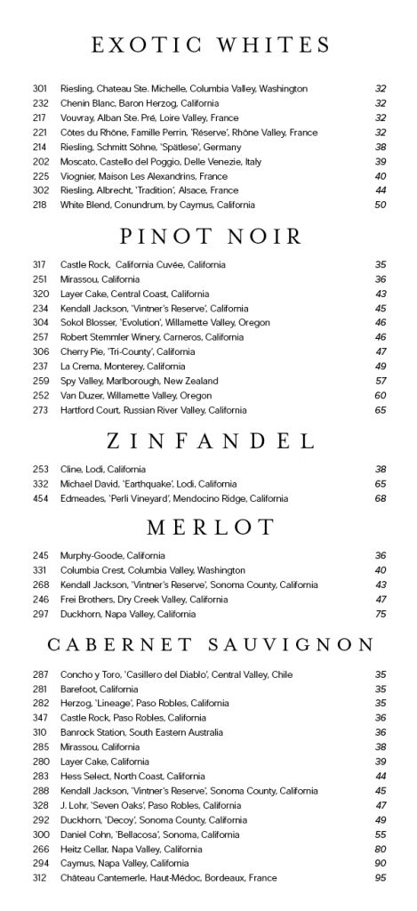 Carnival's Fahrenheit 555 wine list with prices