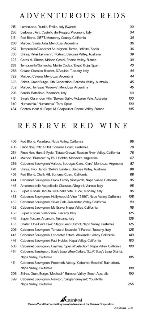 Carnival's Fahrenheit 555 wine list with prices