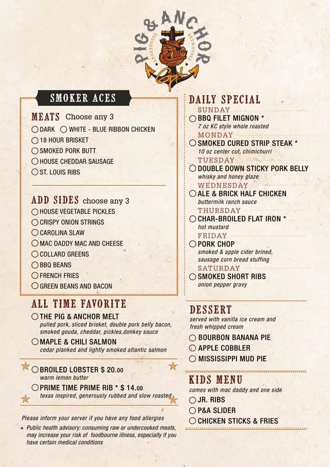 Pig and Anchor's Complimentary Dinner Menu on the Carnival Mardi Gras