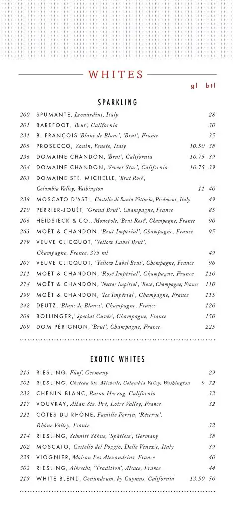 Carnival's main dining room wine list with prices