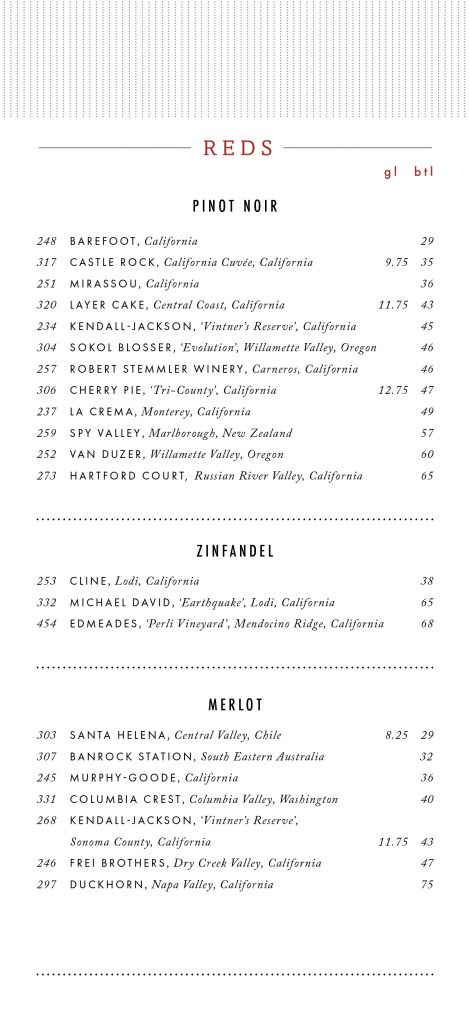 Carnival's main dining room wine list with prices