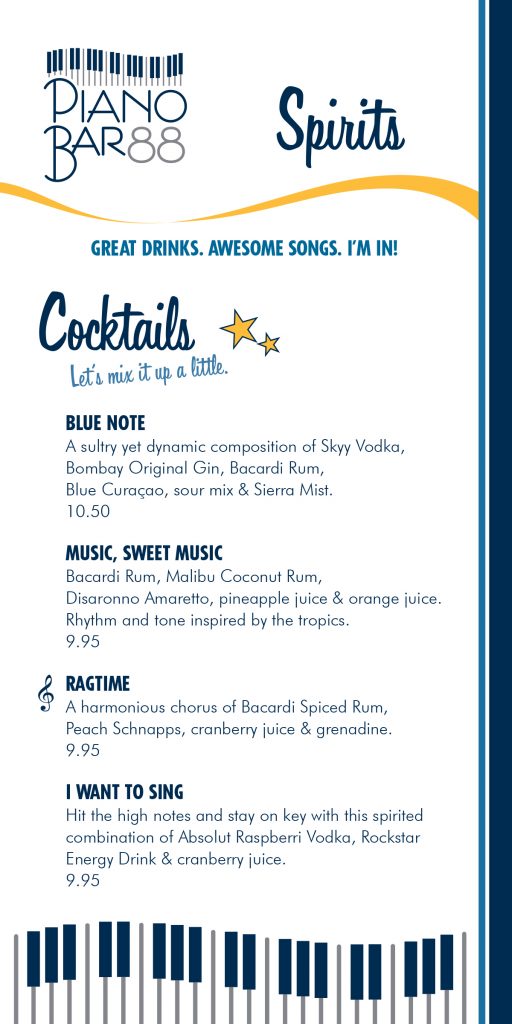 Bar menu for Carnival's Piano 88 Bar