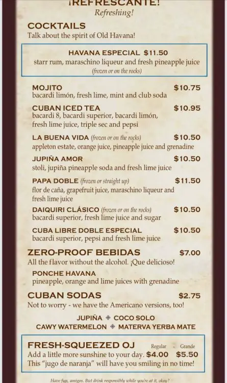 Carnival Havana Bar drink menu