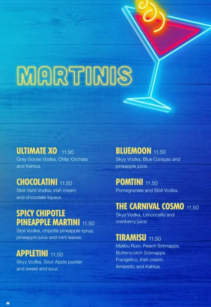 Carnival indoor bar menu page 3 April 2022