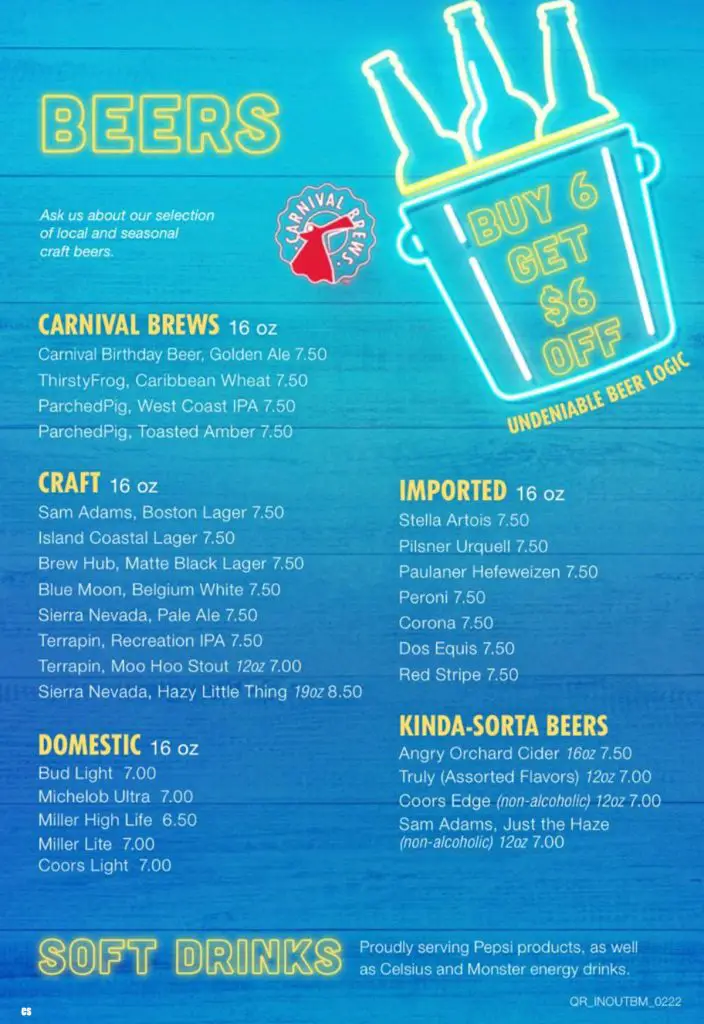 Carnival indoor bar menu page 5 April 2022