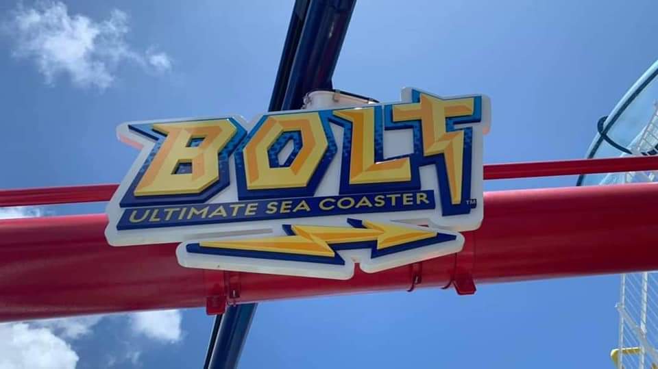 Sign for BOLT roller coaster on Carnival Mardi Gras