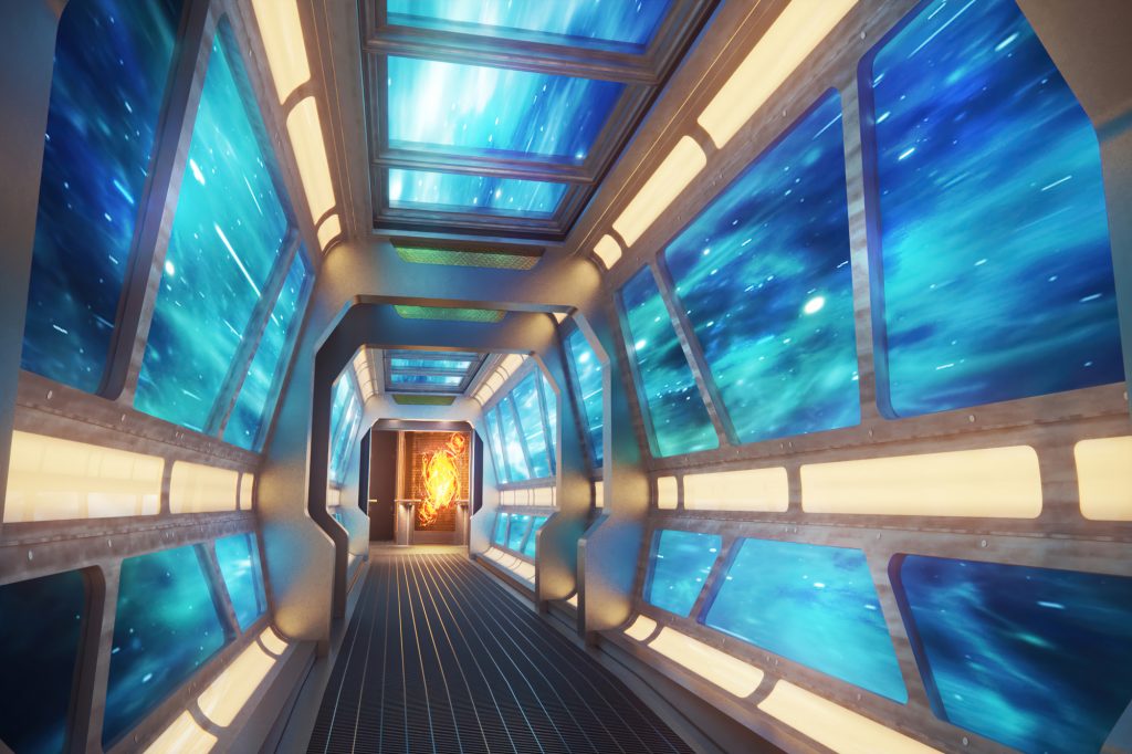 Starship themed hallway going into a video arcade