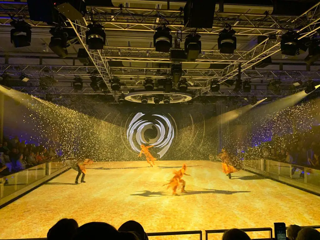 4 dancers in yellow on ice skating rink with glitter