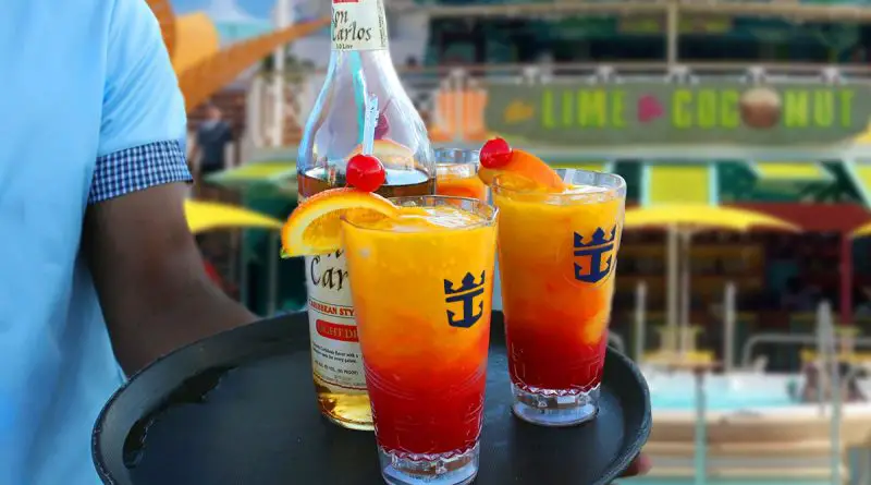 Man with frozen royal caribbean drinks by line and coconut bar