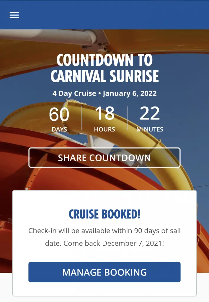 hub app showing 60 days until sailing