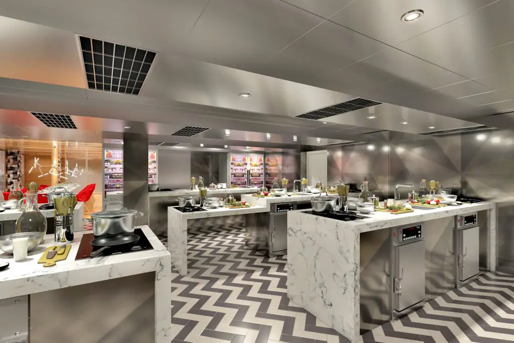 Kitchen on cruise ship with white marble counter tops