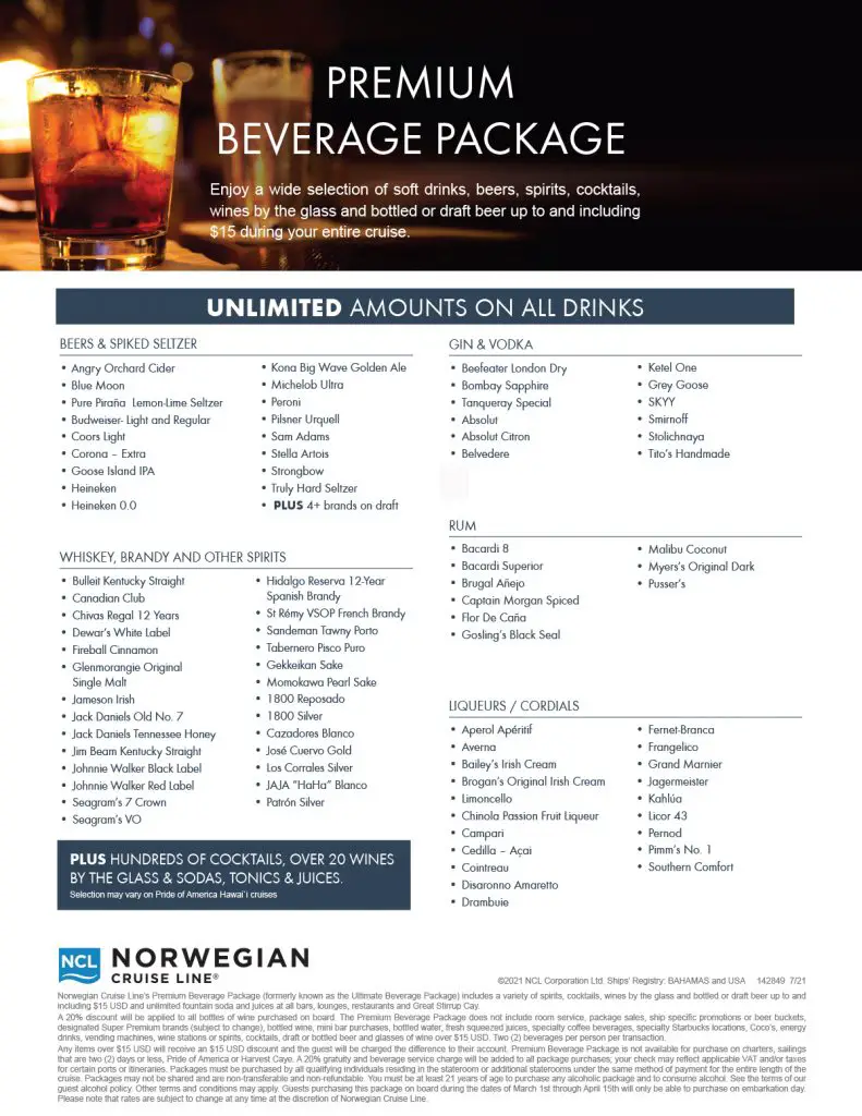Norwegian Cruise Line Premium Beverage Package Drink List