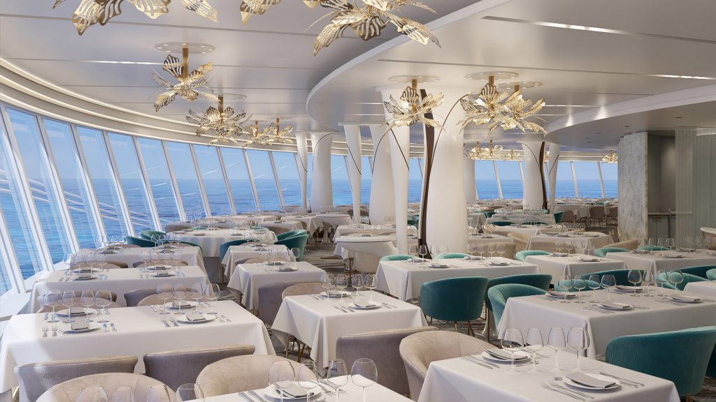 main dining room with glass windows on a cruise ship