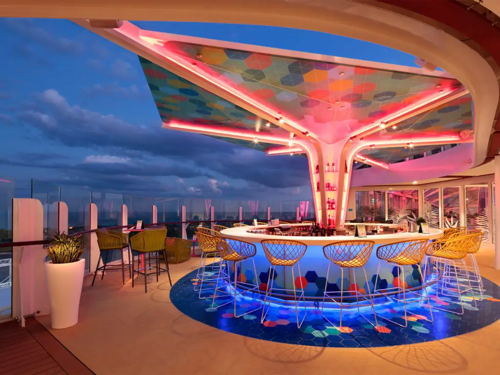cruise ship bar at night with led lighting