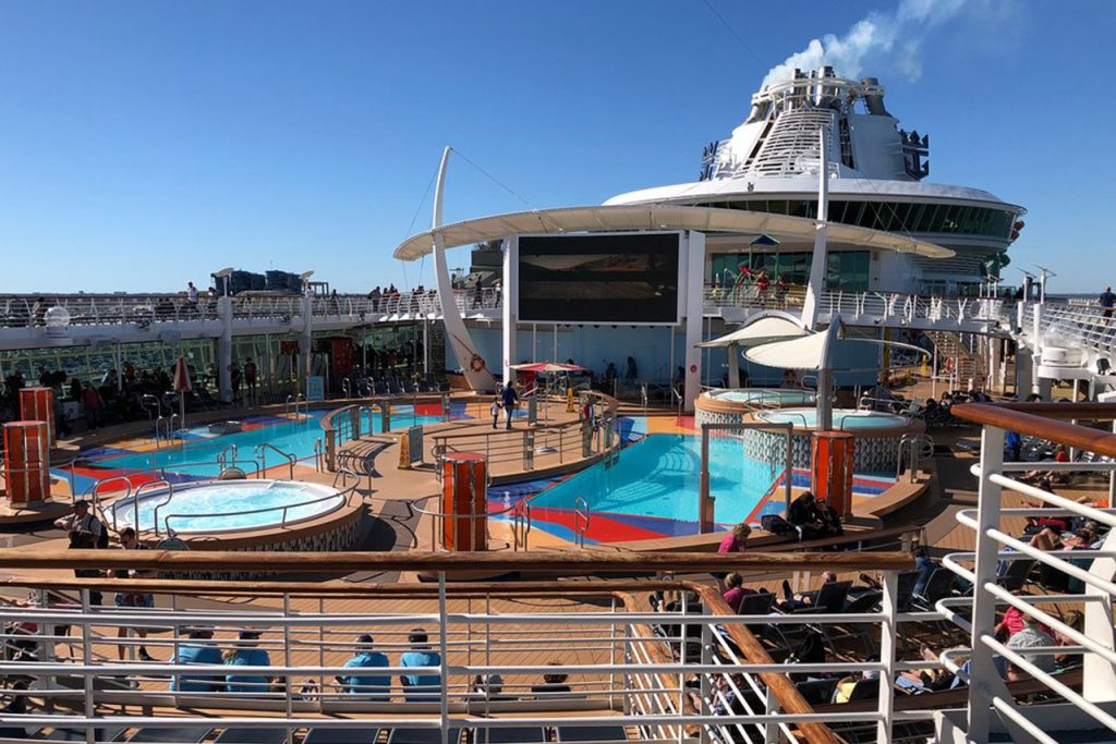 The main pools and giant movie screen on Royal Caribbean