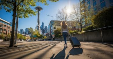 woman with suitcase walking towards space needle