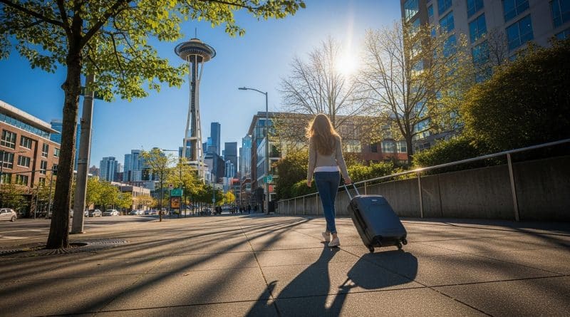 woman with suitcase walking towards space needle