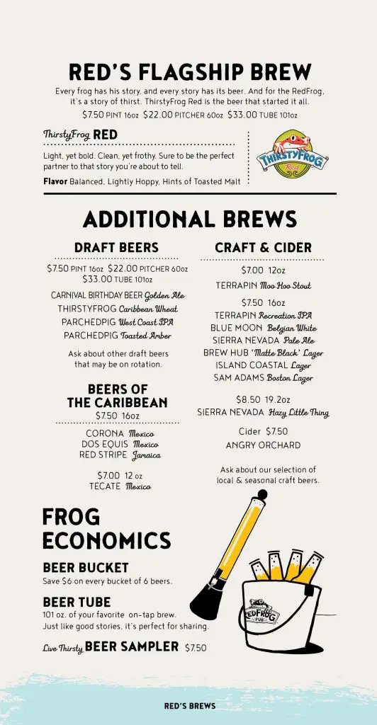Carnival Red Frog Pub Drink Menu Page 1