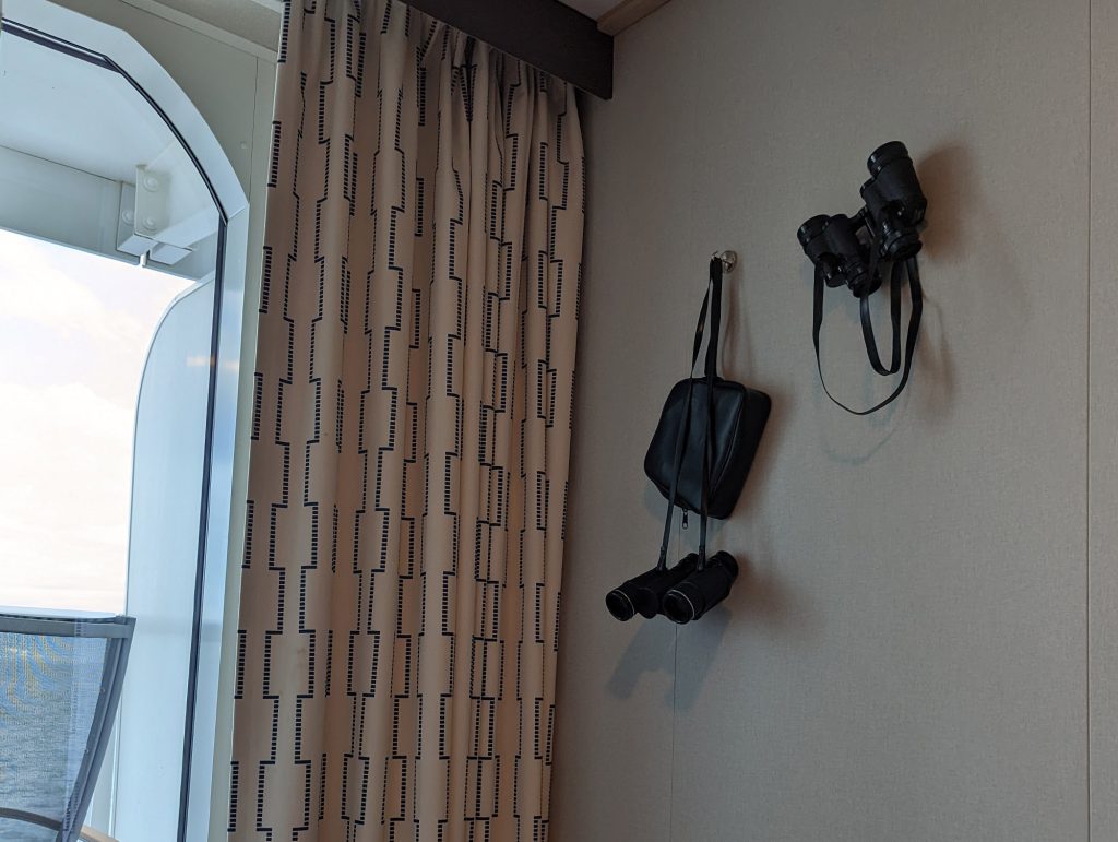 binoculars on wall using metal hooks on ovation of the seas