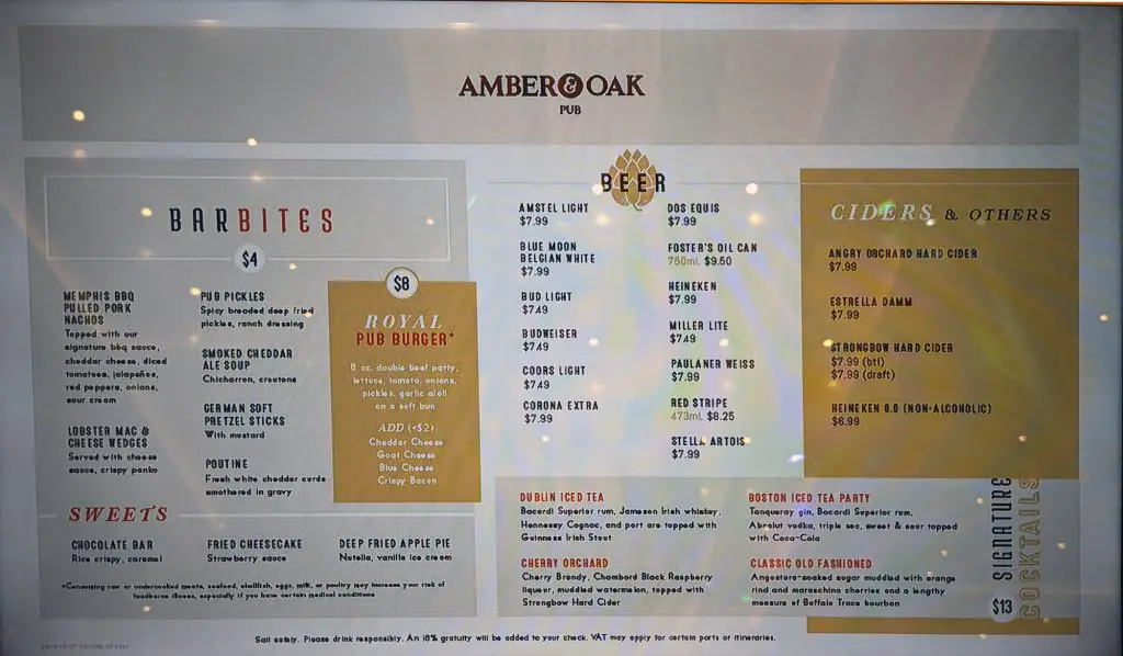 amber and oak pub menu on ovation of the seas