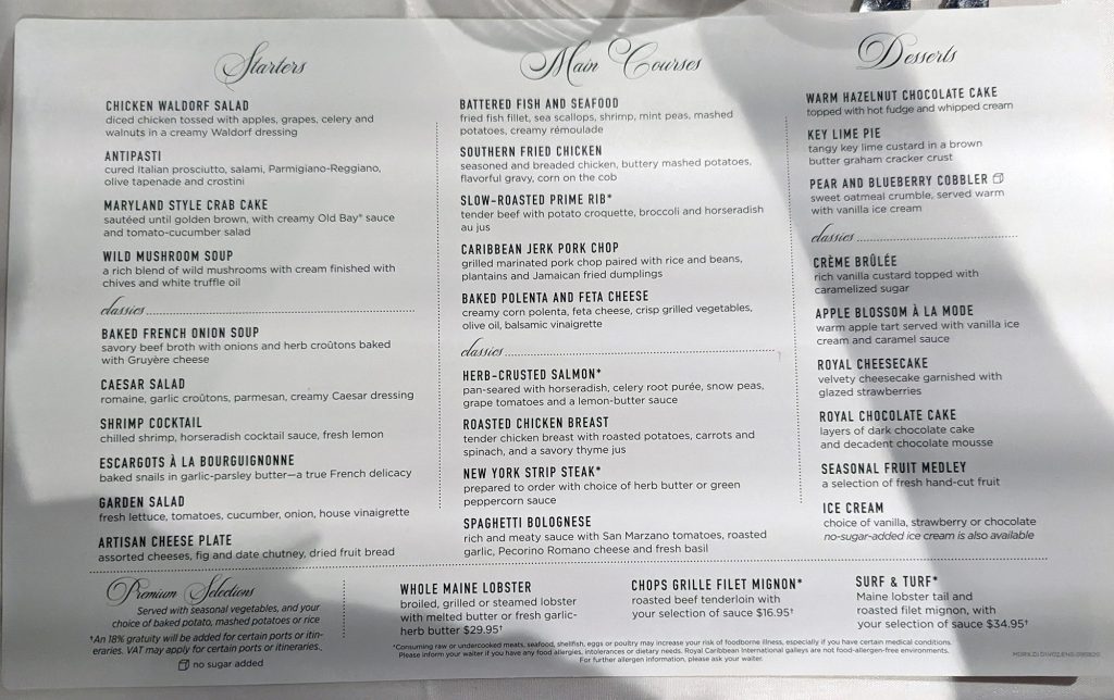 Ovation of the Seas Main Dining Room Menu NDay 1