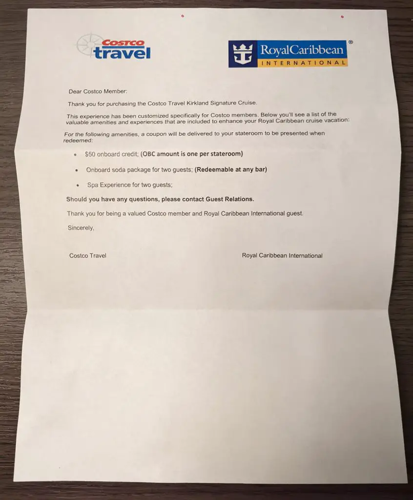 costco travel cruise letter