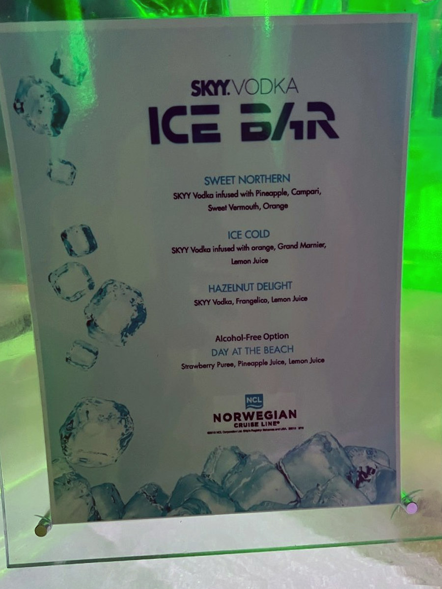 Skyy Vodka Ice Bar Menu page 1
