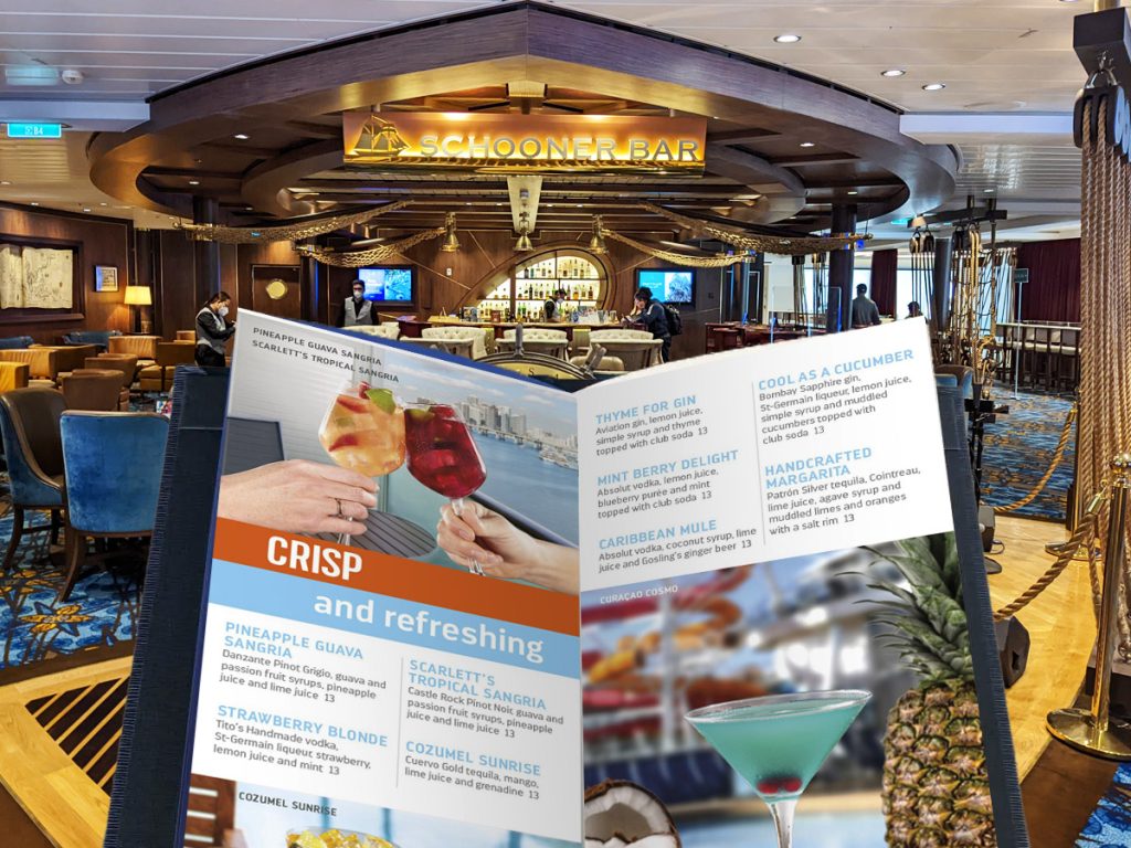 royal caribbean drink menu in front of schooners bar
