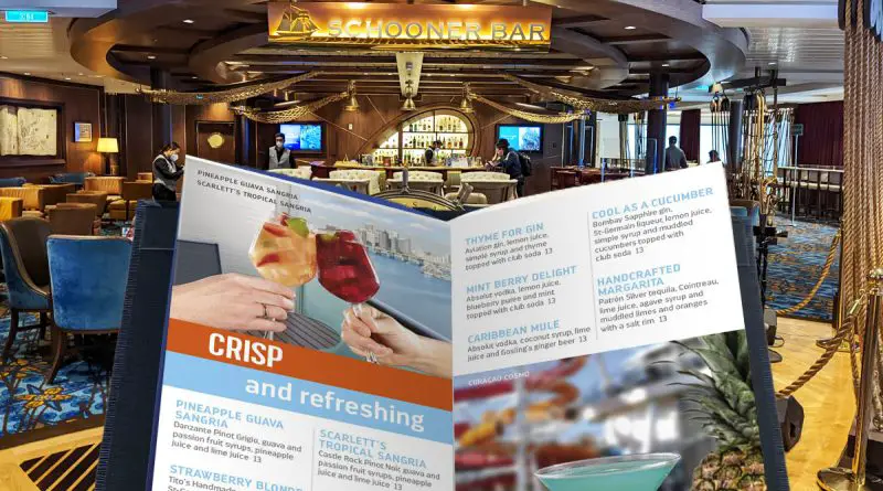 royal caribbean drink menu in front of schooners bar