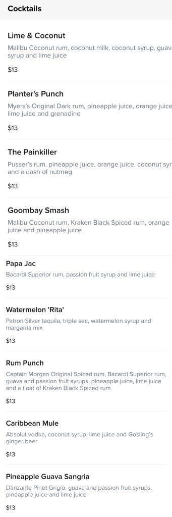 royal caribbean lime and coconut bar menu page 1