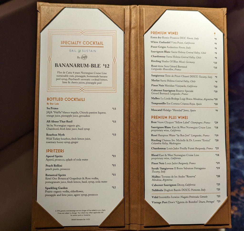 norwegian belvedere bar menu