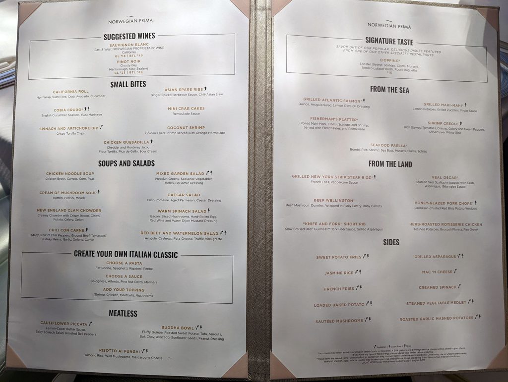 norwegian prima hudsons dinner menu