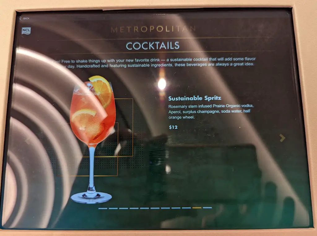Sustainable Spritz drink menu - the metropolitan bar on norwegian prima