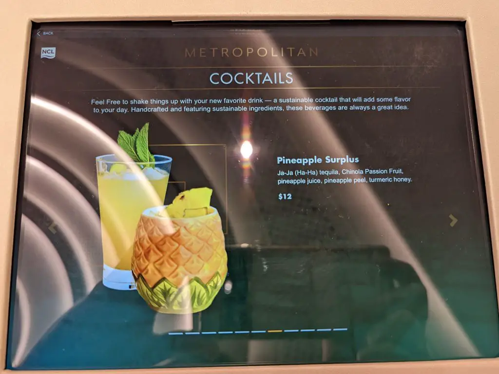 pineapple surplus drink menu - the metropolitan bar on norwegian prima