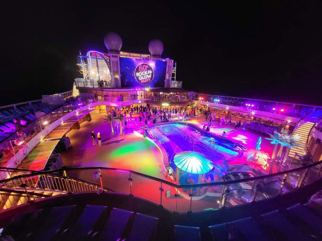 led lighting on pool deck of cruise ship.