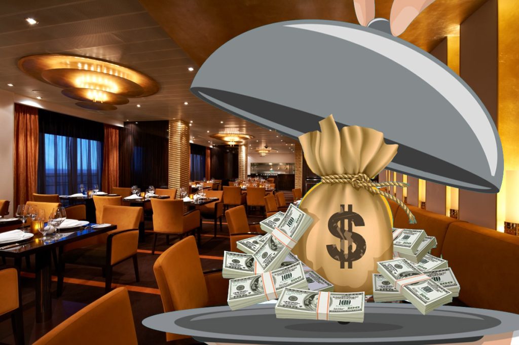 serving dish with cash in front of steakhouse