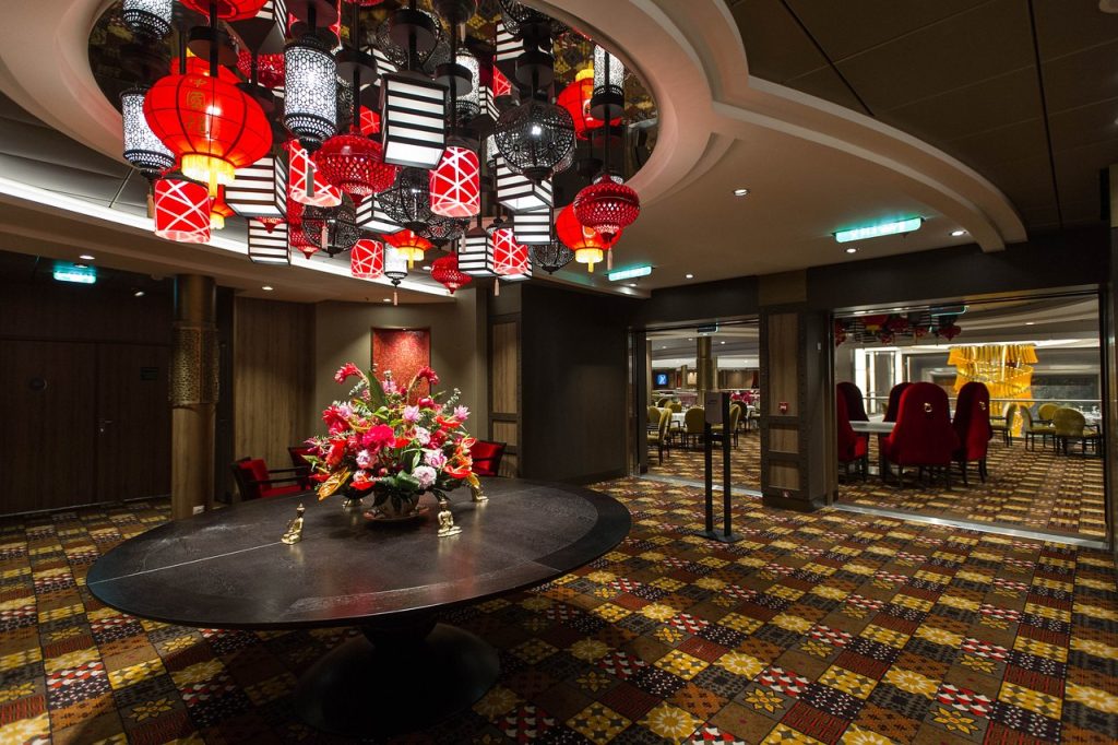 dining room entrance with red asian decor