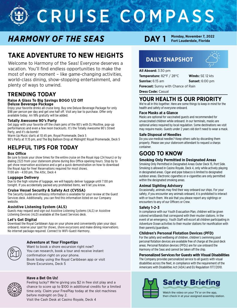 harmony of the seas cruise compass day 1 page 1