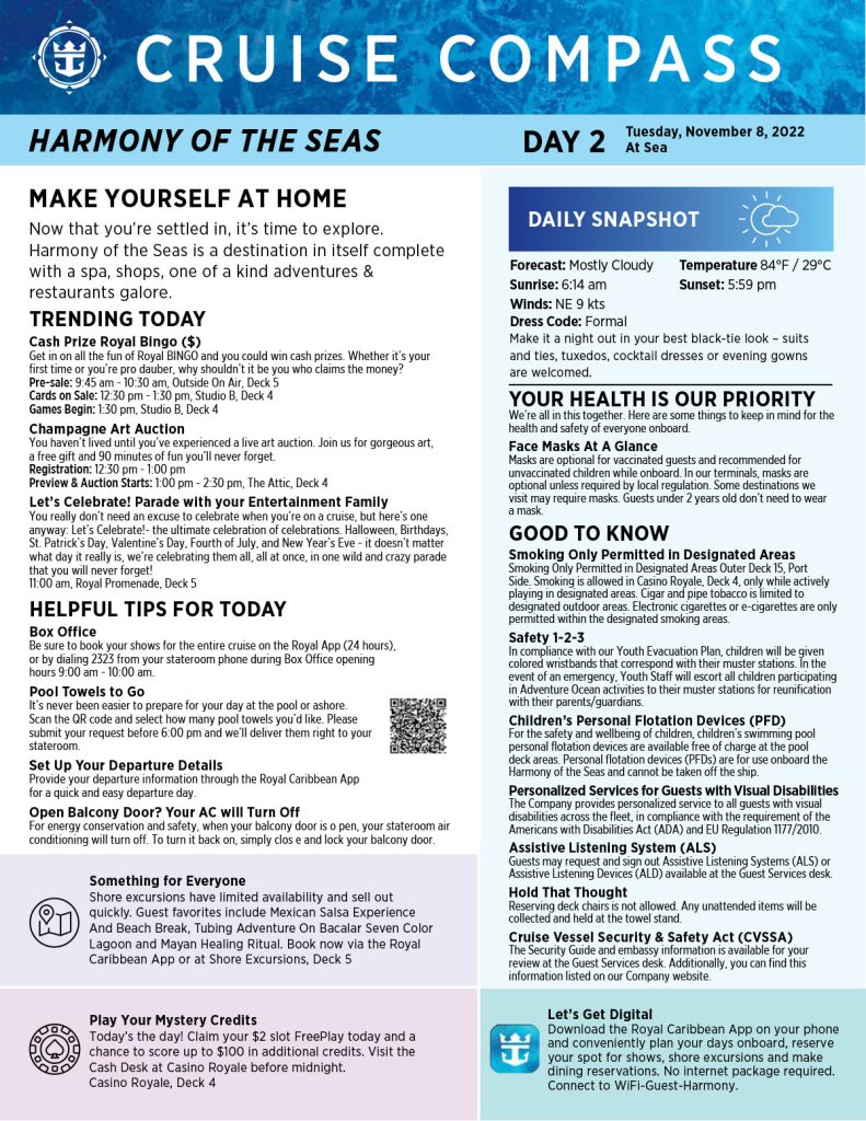 harmony of the seas cruise compass day 2 page 1