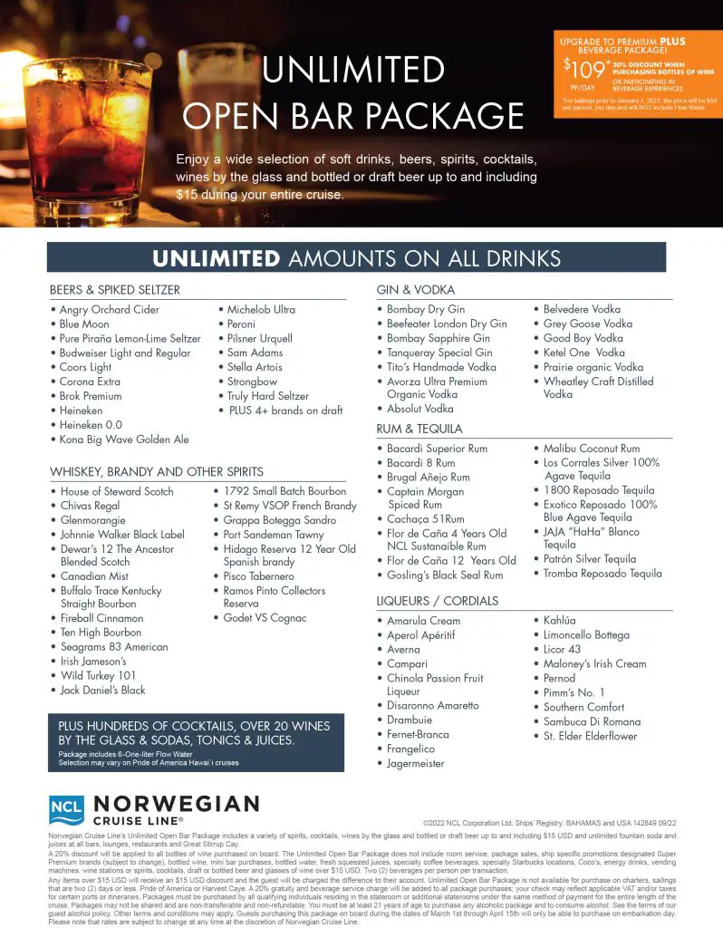 norwegian unlimited open bar menu