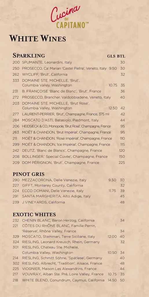 cucina del capitano wine list page 1
