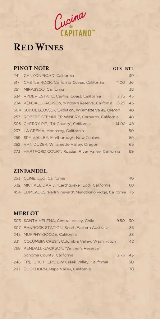 cucina del capitano wine list page 3