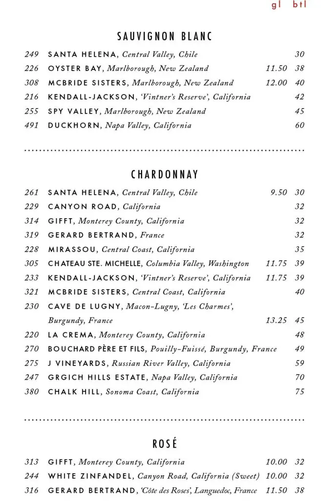 Carnival Main Dining Room Wine List Page 2