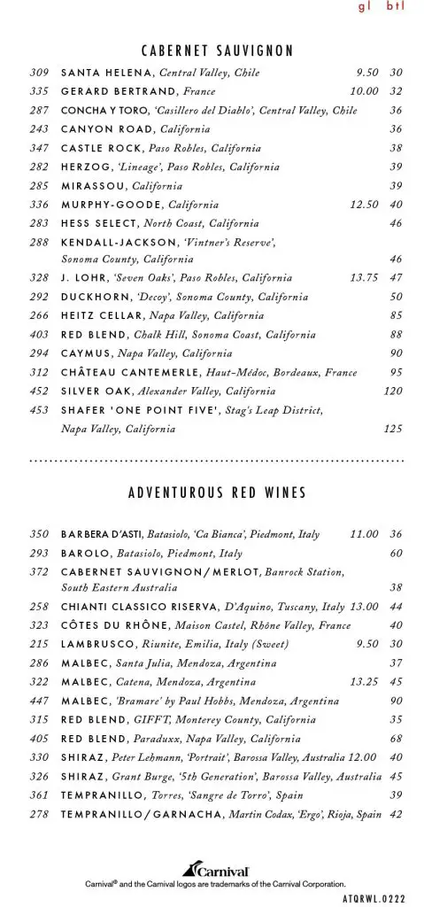 Carnival Main Dining Room Wine List Page 4